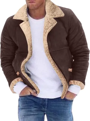 Mens Faux Shearling Jacket Suede Leather Crop Trench Coat Winter Sheepskin PU Leather Sherpa Lined Bomber Jacket