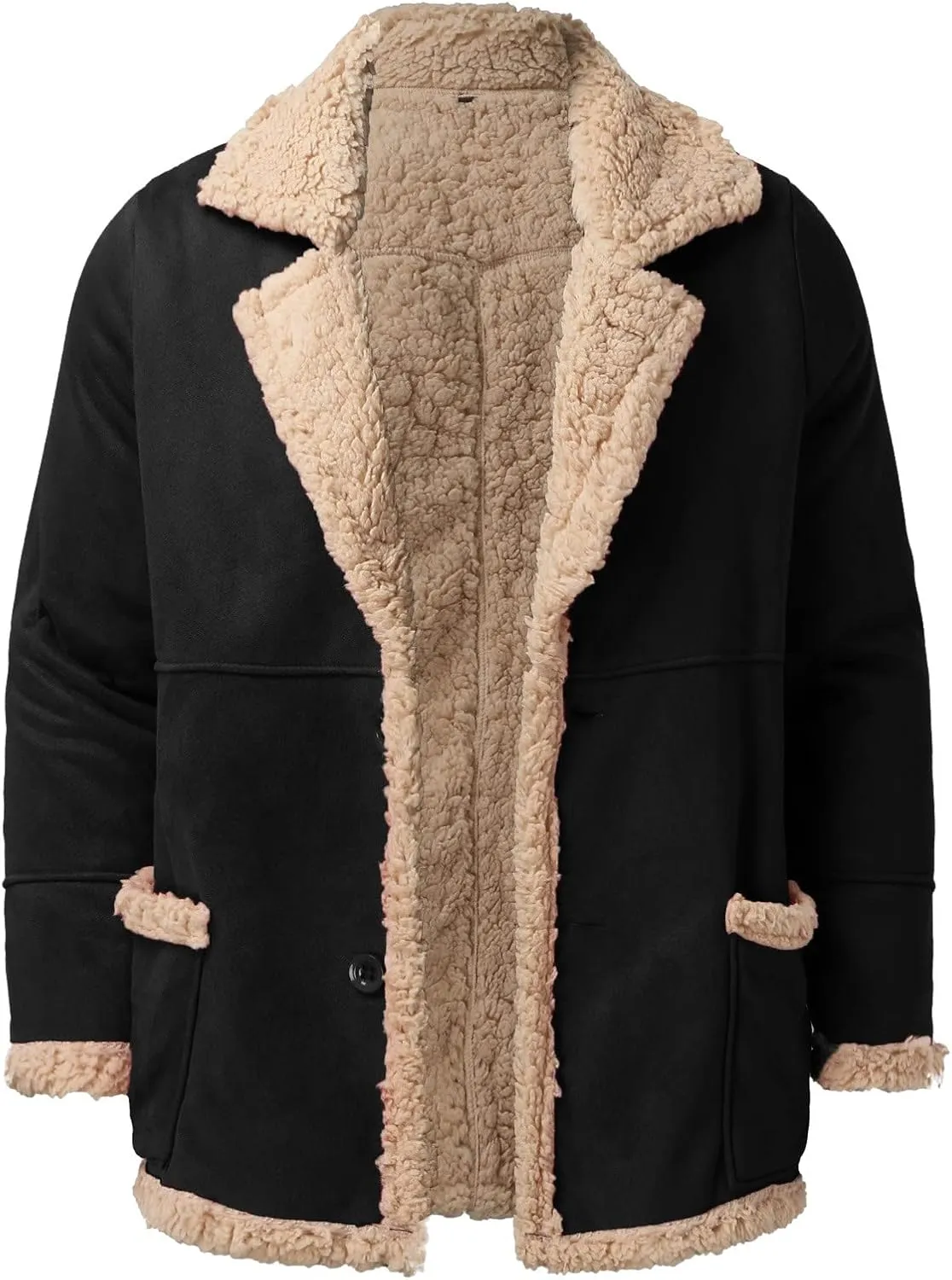 Mens Faux Shearling Jacket Suede Leather Crop Trench Coat Winter Sheepskin PU Leather Sherpa Lined Bomber Jacket