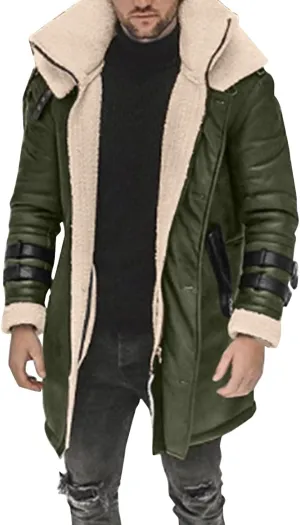 Men's Faux Shearling Midlength Overcoat Winter Thermal Sherpa Lined Long Jacket Fur Collar Suede Leather Trench Coat