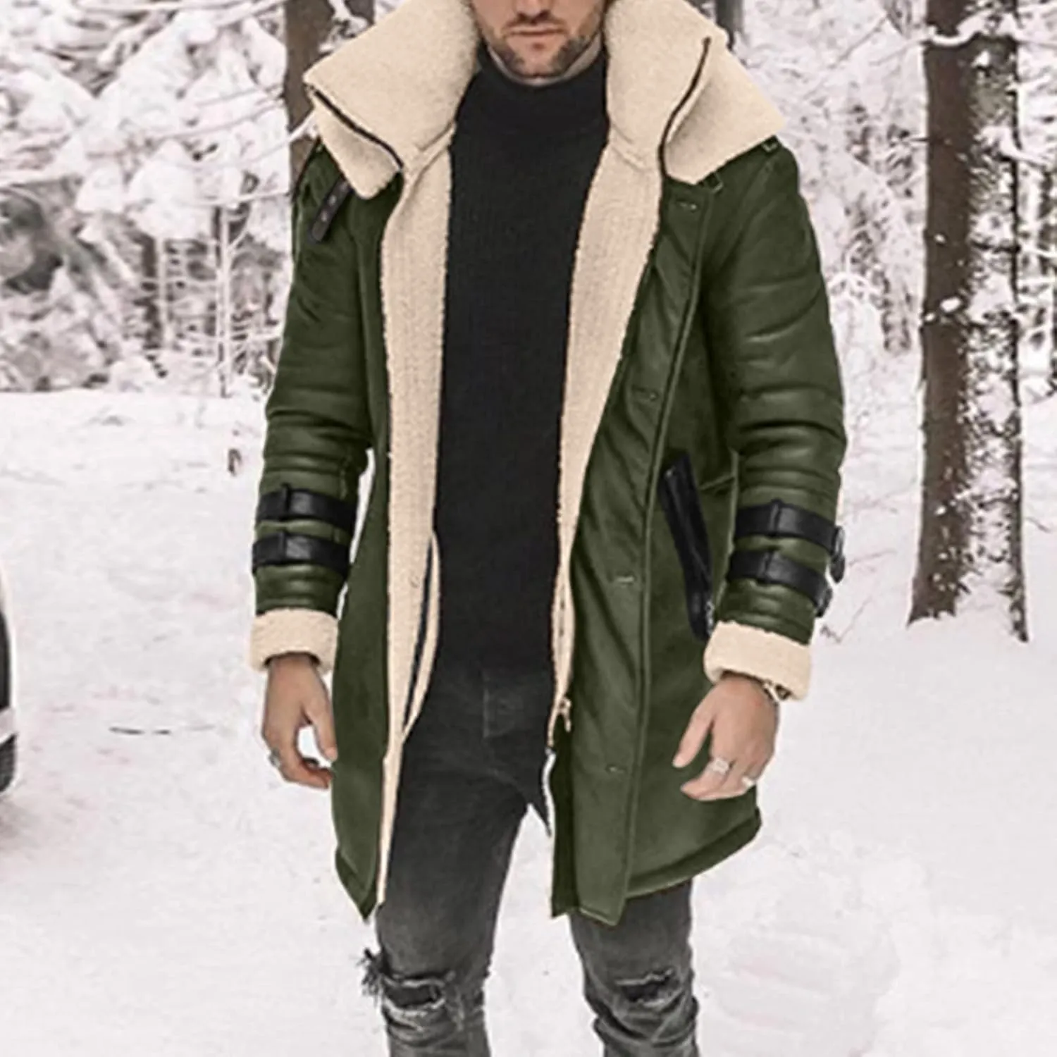Men's Faux Shearling Midlength Overcoat Winter Thermal Sherpa Lined Long Jacket Fur Collar Suede Leather Trench Coat