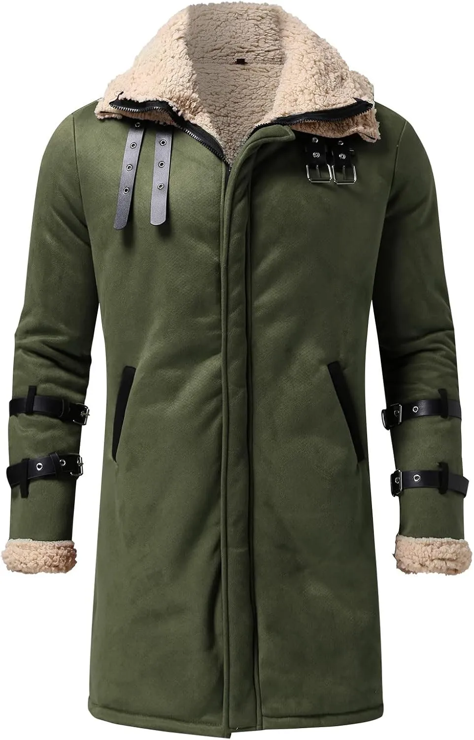 Men's Faux Shearling Midlength Overcoat Winter Thermal Sherpa Lined Long Jacket Fur Collar Suede Leather Trench Coat
