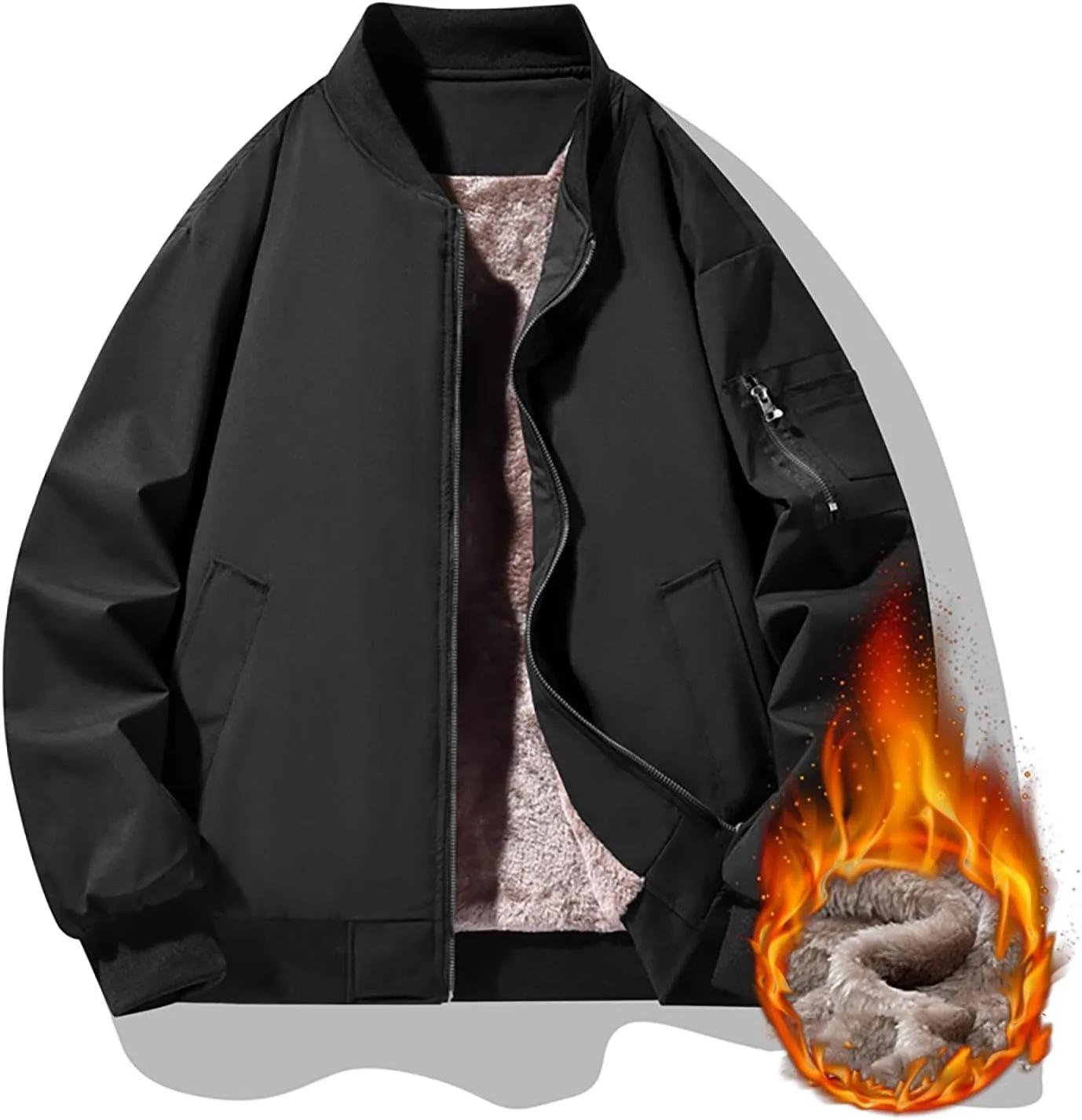 Mens Fleece Bomber Jacket Casual Plaid Jacquard Varsity Jacket Coat Zipper Pockets Windbreaker Softshell Jacket