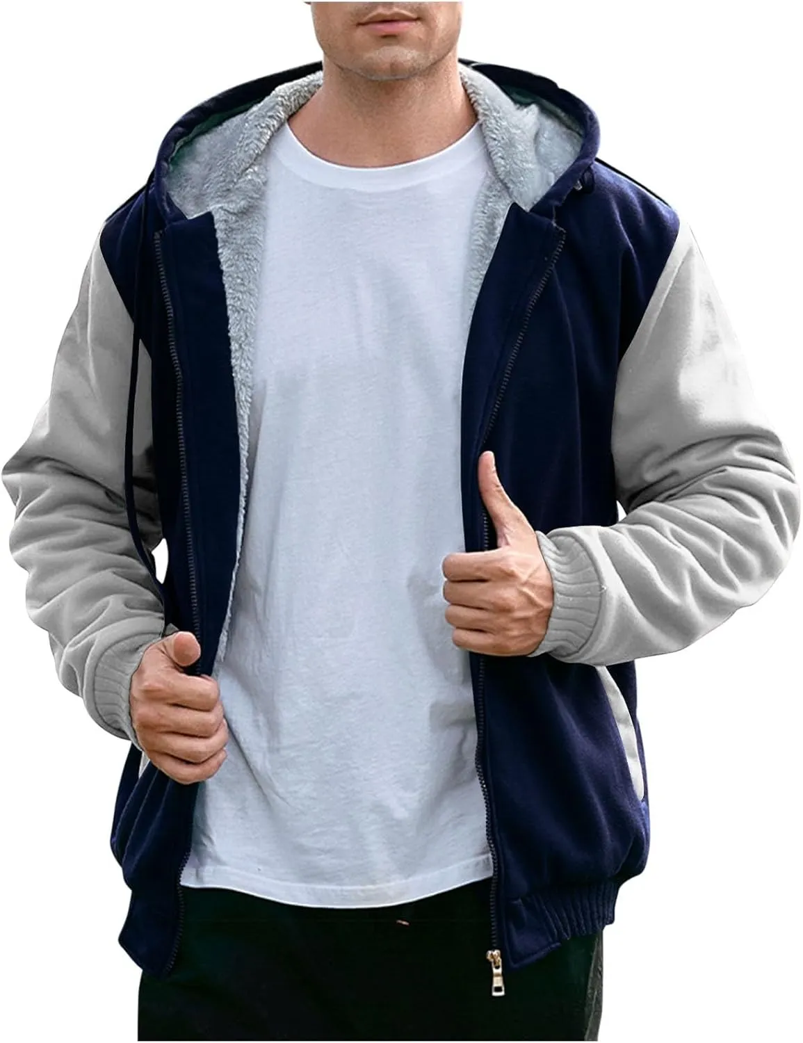 Mens Fleece Lined Warm Jackets Zip Up Hooded Track Jackets Color Block Furry Comfy Thermal Sherpa Winter Coats