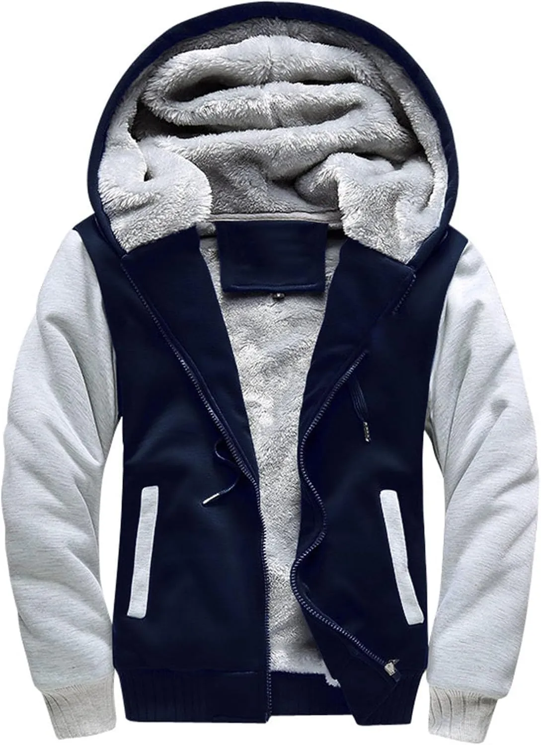 Mens Fleece Lined Warm Jackets Zip Up Hooded Track Jackets Color Block Furry Comfy Thermal Sherpa Winter Coats