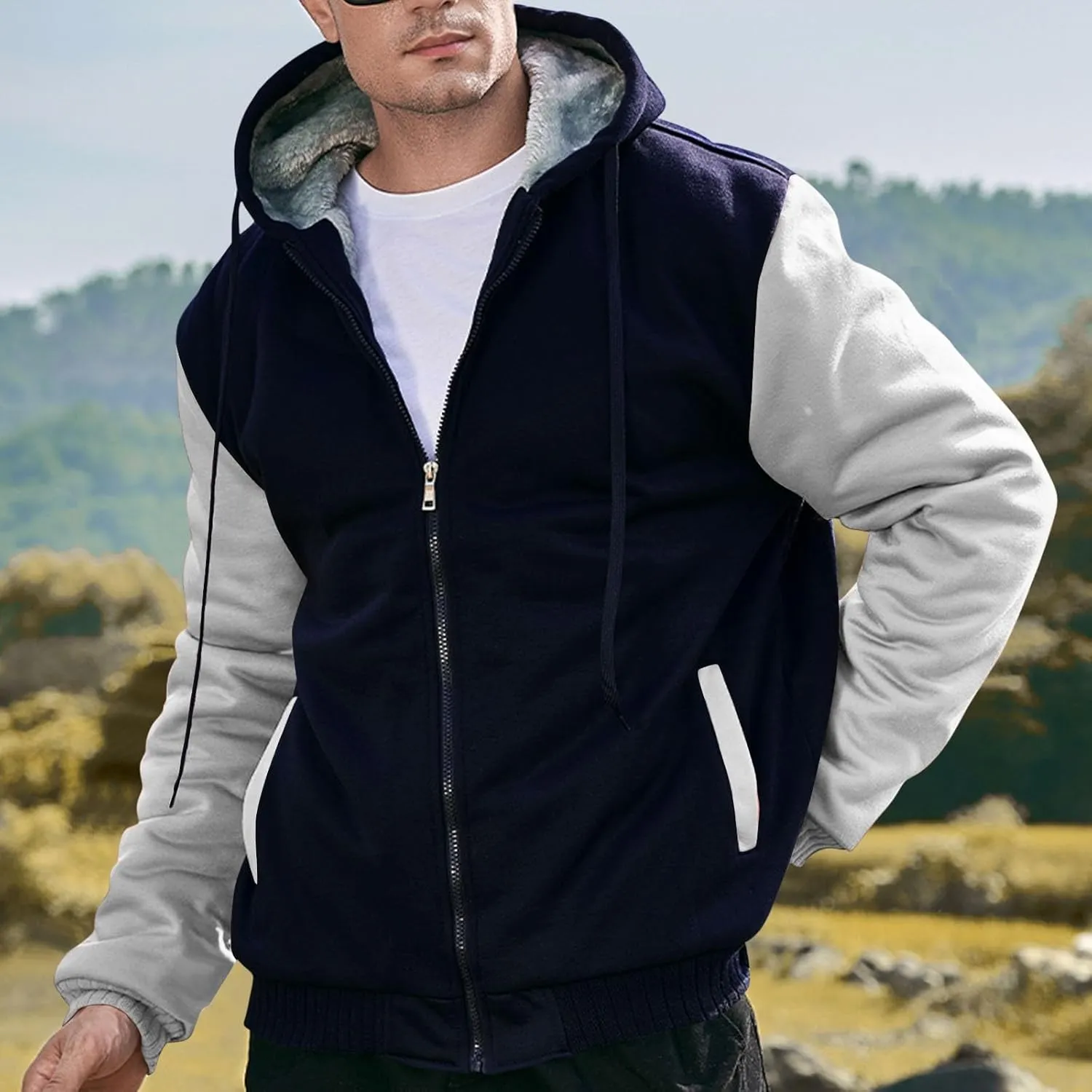 Mens Fleece Lined Warm Jackets Zip Up Hooded Track Jackets Color Block Furry Comfy Thermal Sherpa Winter Coats