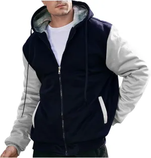 Mens Fleece Lined Warm Jackets Zip Up Hooded Track Jackets Color Block Furry Comfy Thermal Sherpa Winter Coats