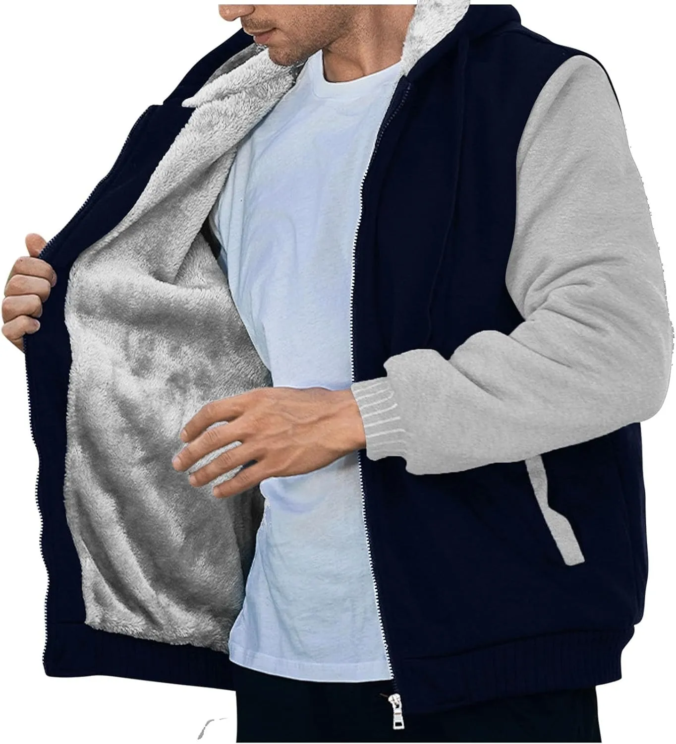 Mens Fleece Lined Warm Jackets Zip Up Hooded Track Jackets Color Block Furry Comfy Thermal Sherpa Winter Coats