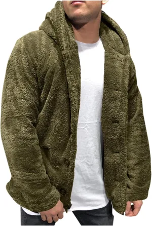 Mens Fuzzy Sherpa Cardigan Warm Thick Jacket with Fleece Hooded Open Front Fluffy Button Down Coat