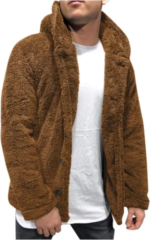 Mens Fuzzy Sherpa Jacket Hoodie Fluffy Fleece Open Front Cardigan Button Down Warm Thick Coats Fall Outwear for Men