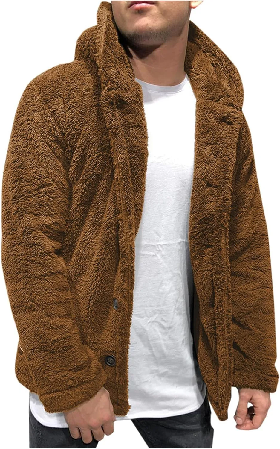 Mens Fuzzy Sherpa Jacket Hoodie Fluffy Fleece Open Front Cardigan Button Down Warm Thick Coats Fall Outwear for Men