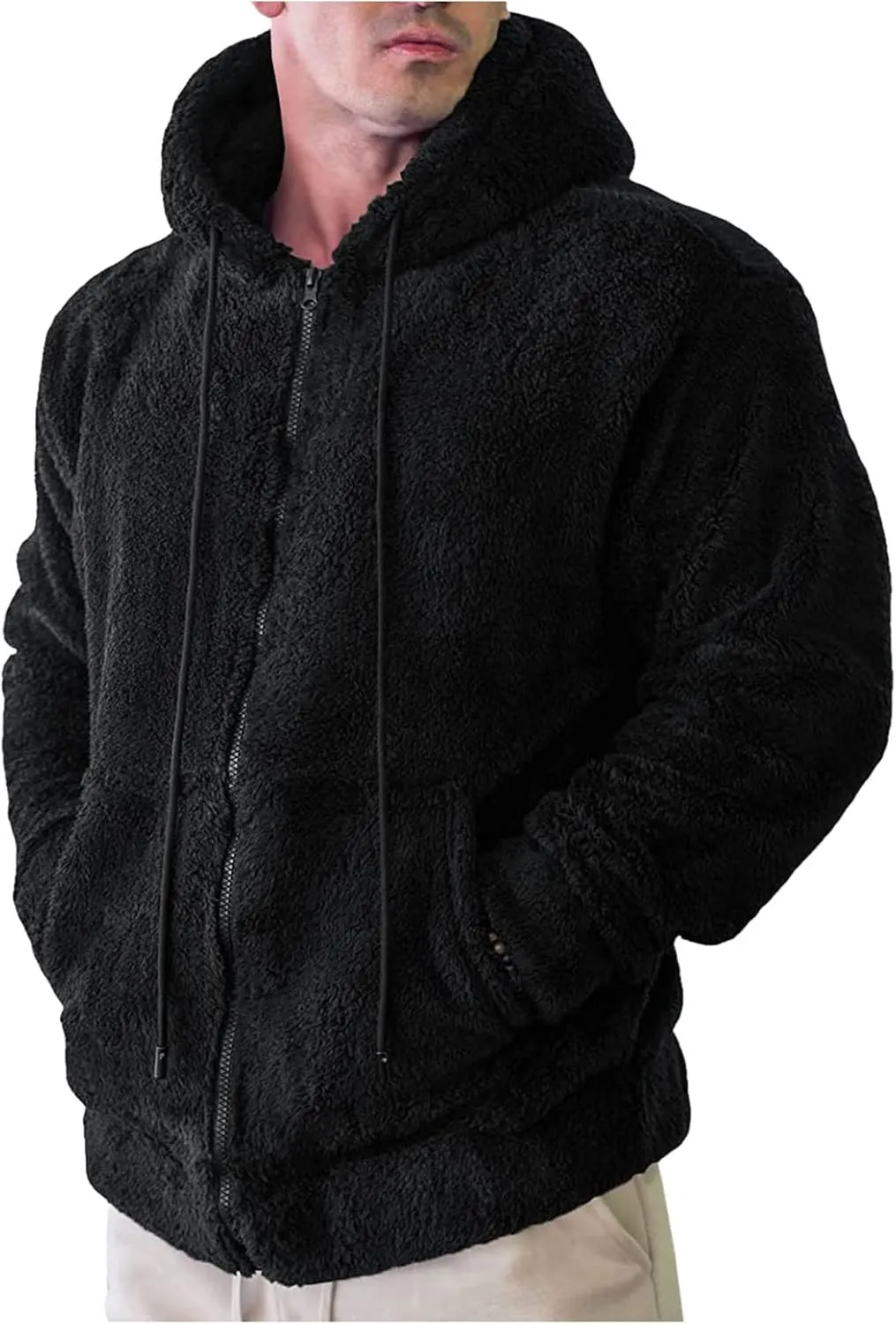 Mens Fuzzy Sherpa Jacket Hoodie Fluffy Fleece Open Front Cardigan Full Zip Up Soft Coat Fall Outwear with Pockets