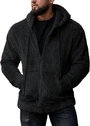 Mens Fuzzy Sherpa Jacket Hoodie Fluffy Fleece Open Front Cardigan Full Zip Up Soft Coat Fall Outwear with Pockets