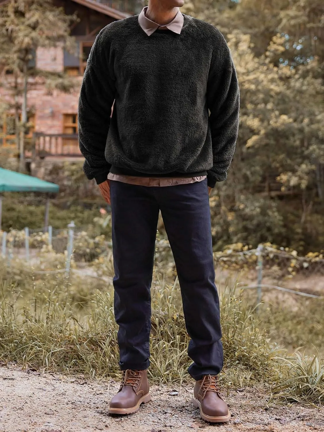 Mens Fuzzy Sherpa Sweatshirt Long Sleeve Fluffy Crew Neck Pullover Cozy Basic Unisex Fall Winter Warm Tops