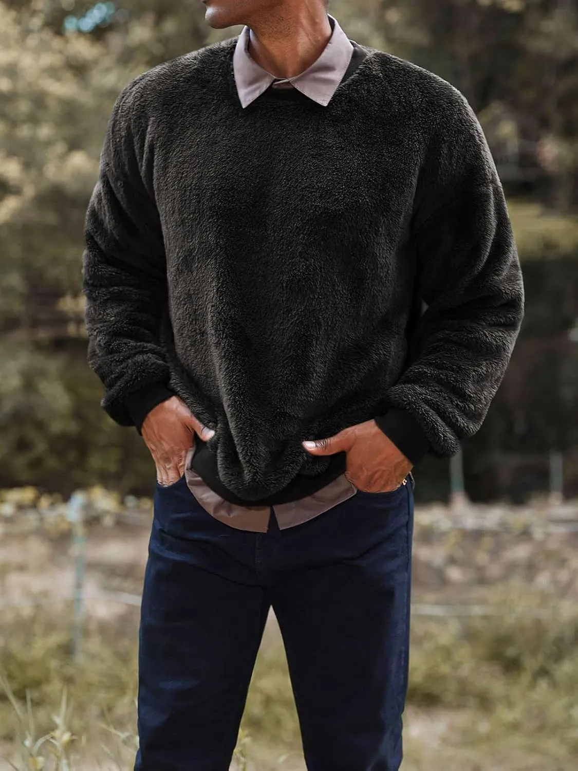 Mens Fuzzy Sherpa Sweatshirt Long Sleeve Fluffy Crew Neck Pullover Cozy Basic Unisex Fall Winter Warm Tops