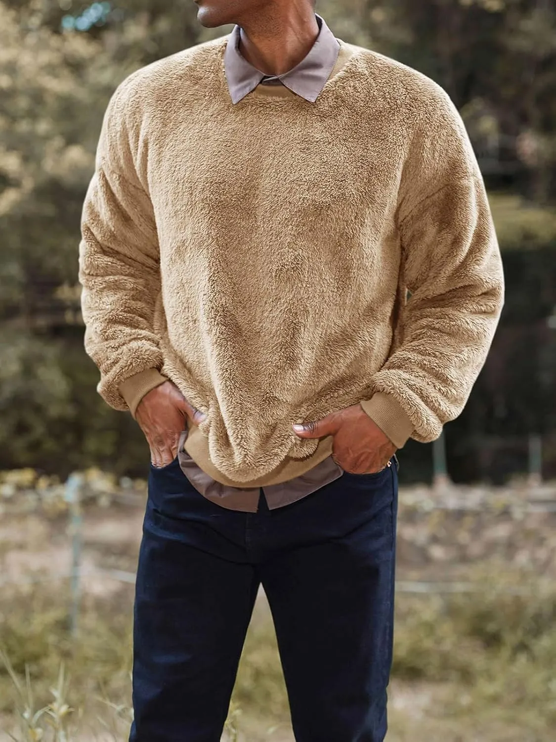 Mens Fuzzy Sherpa Sweatshirt Long Sleeve Fluffy Crew Neck Pullover Cozy Basic Unisex Fall Winter Warm Tops