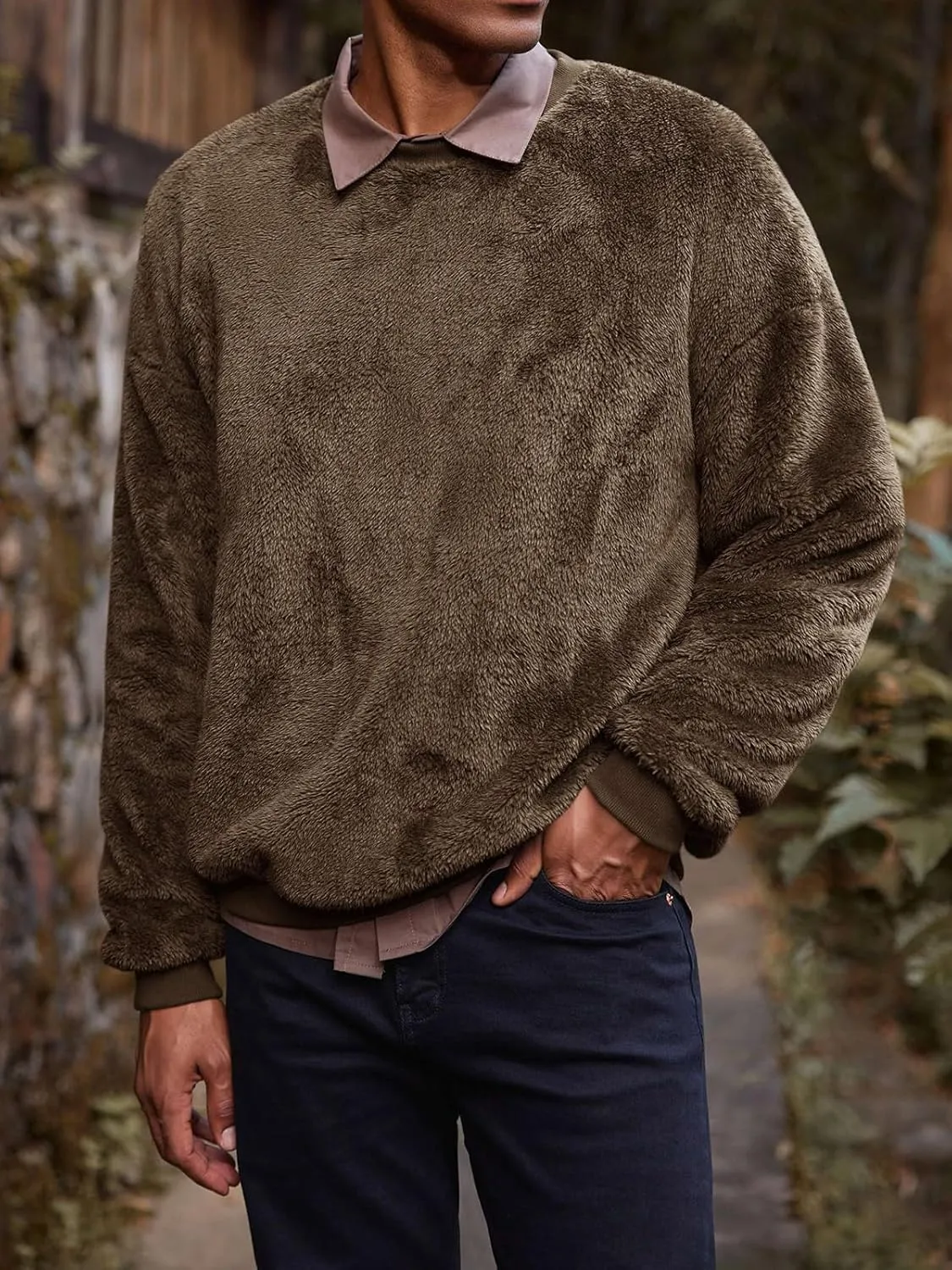 Mens Fuzzy Sherpa Sweatshirt Long Sleeve Fluffy Crew Neck Pullover Cozy Basic Unisex Fall Winter Warm Tops