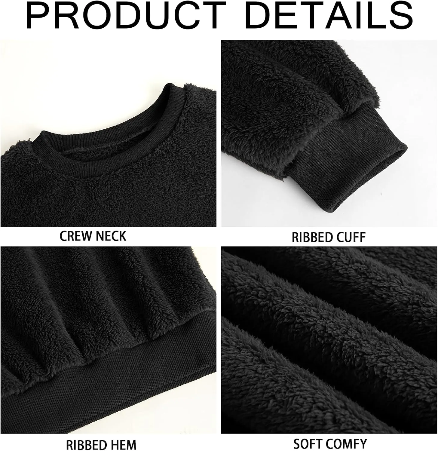 Mens Fuzzy Sherpa Sweatshirt Long Sleeve Fluffy Crew Neck Pullover Cozy Basic Unisex Fall Winter Warm Tops