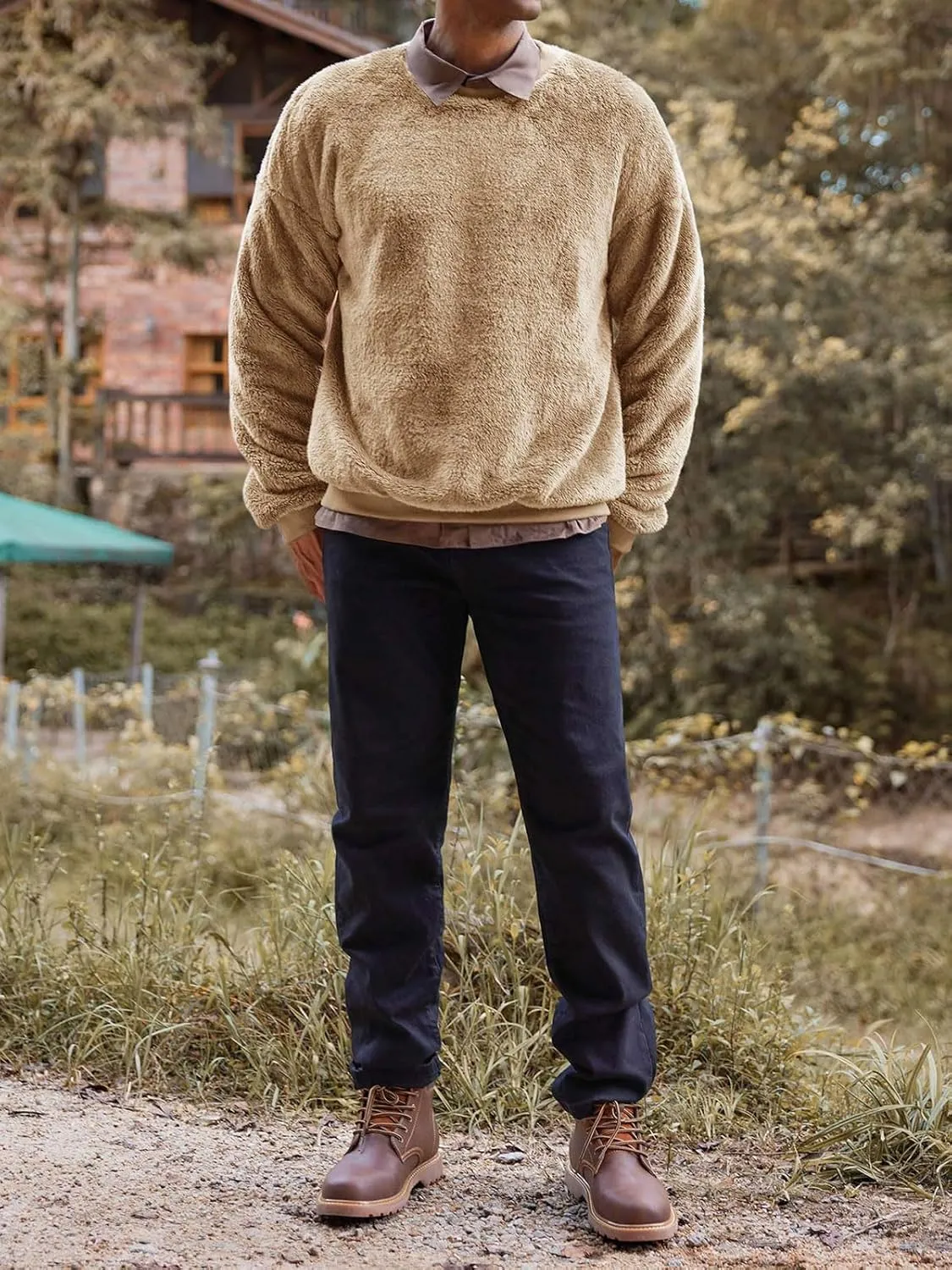 Mens Fuzzy Sherpa Sweatshirt Long Sleeve Fluffy Crew Neck Pullover Cozy Basic Unisex Fall Winter Warm Tops