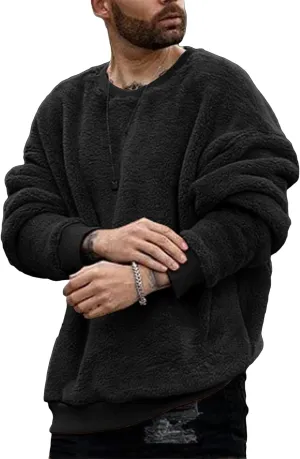 Mens Fuzzy Sherpa Sweatshirt Long Sleeve Fluffy Crew Neck Pullover Cozy Basic Unisex Fall Winter Warm Tops