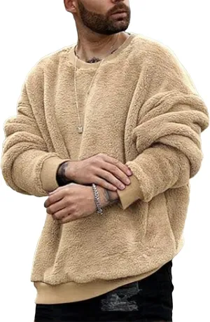 Mens Fuzzy Sherpa Sweatshirt Long Sleeve Fluffy Crew Neck Pullover Cozy Basic Unisex Fall Winter Warm Tops