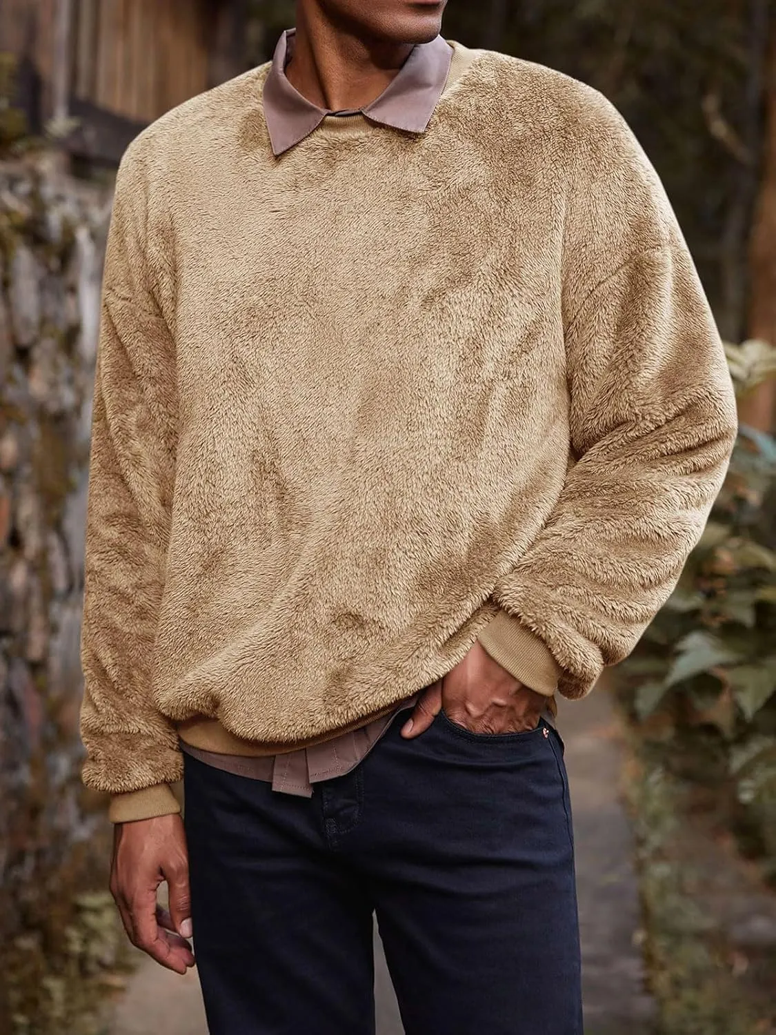 Mens Fuzzy Sherpa Sweatshirt Long Sleeve Fluffy Crew Neck Pullover Cozy Basic Unisex Fall Winter Warm Tops