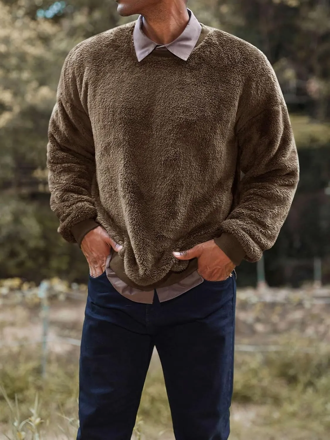 Mens Fuzzy Sherpa Sweatshirt Long Sleeve Fluffy Crew Neck Pullover Cozy Basic Unisex Fall Winter Warm Tops