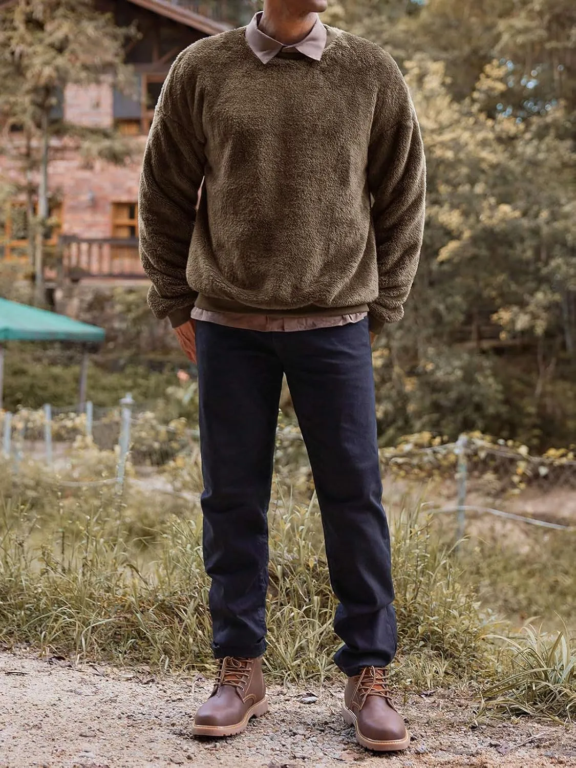 Mens Fuzzy Sherpa Sweatshirt Long Sleeve Fluffy Crew Neck Pullover Cozy Basic Unisex Fall Winter Warm Tops