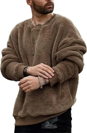 Mens Fuzzy Sherpa Sweatshirt Long Sleeve Fluffy Crew Neck Pullover Cozy Basic Unisex Fall Winter Warm Tops