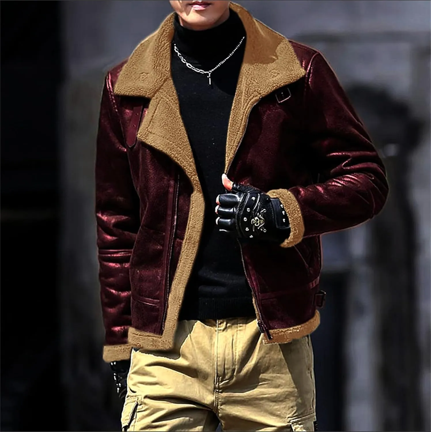 Mens Heavyweight Faux Leather Bomber Jacket with Fleece Sherpa Lining, Zip-Up Thermal Motorbike Jacket