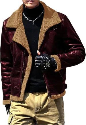 Mens Heavyweight Faux Leather Bomber Jacket with Fleece Sherpa Lining, Zip-Up Thermal Motorbike Jacket