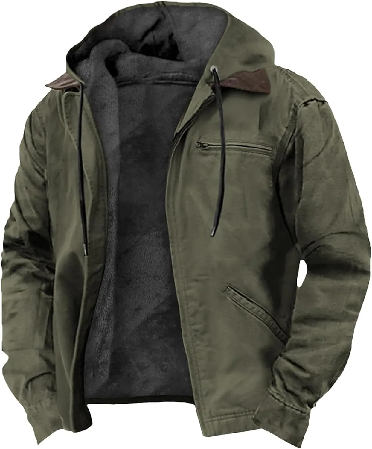 Mens Heavyweight Winter Hoodie Jacket Stylish Zip Up Warm Fleece Sherpa Lined Coats With Pockets, S-8XL