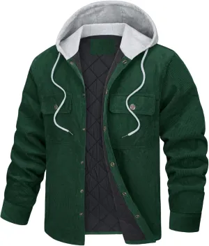 Men's Hooded Corduroy Jacket Quilted Fleece Lined Winter Casual Coat with Adjustable Hood