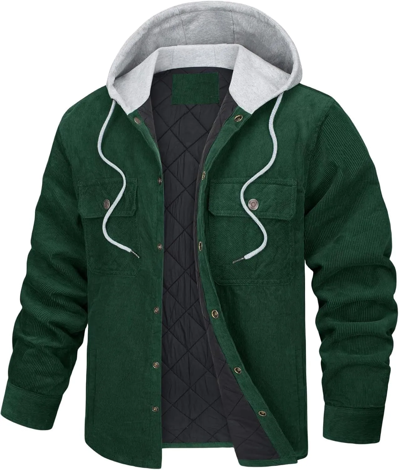 Men's Hooded Corduroy Jacket Quilted Fleece Lined Winter Casual Coat with Adjustable Hood