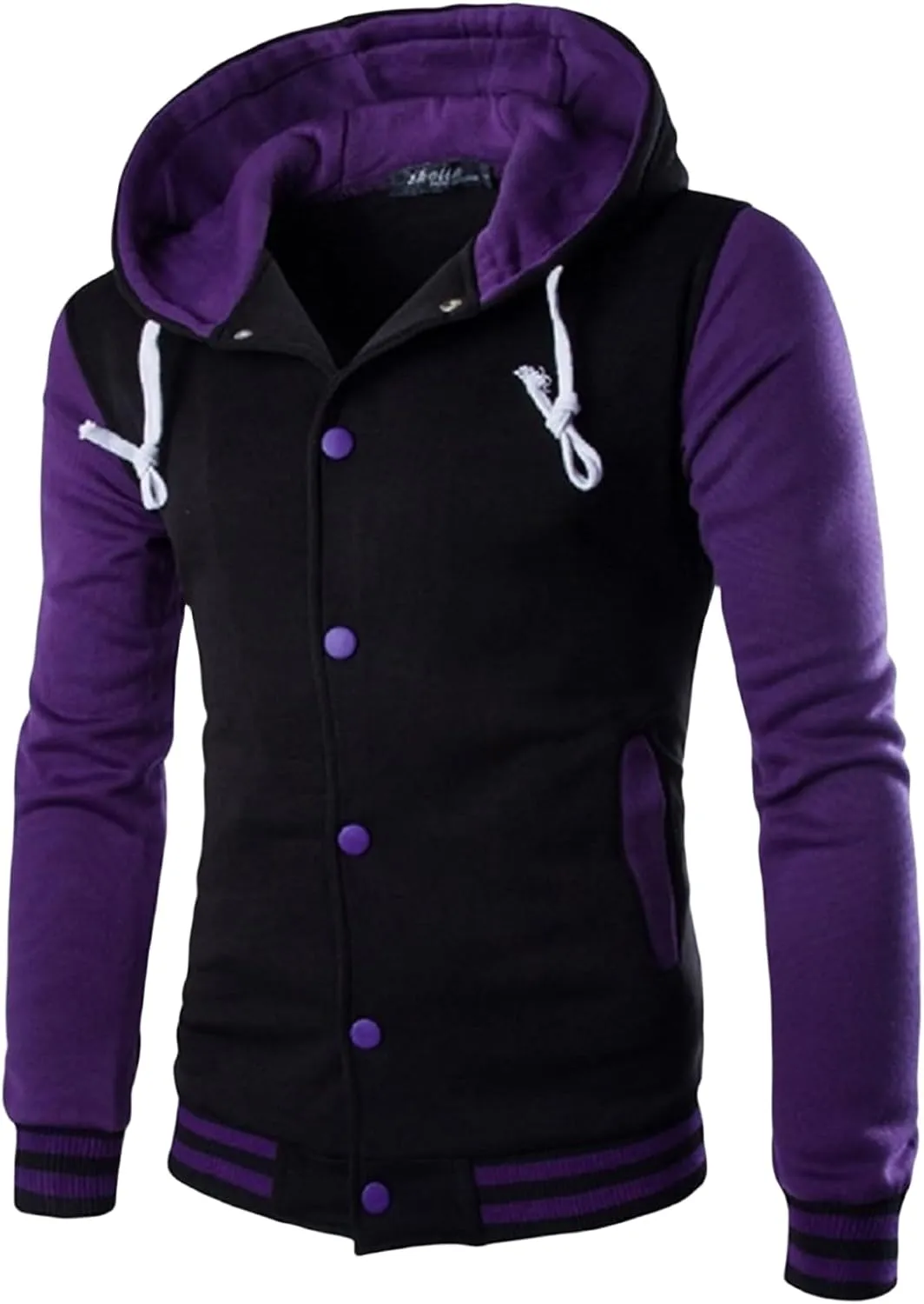 Mens Hooded Varsity Jacket Contrast Color Patchwork Baseball Jacket Button Down Slim Fit Casual Sports Sweatshirt