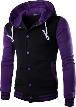 Mens Hooded Varsity Jacket Contrast Color Patchwork Baseball Jacket Button Down Slim Fit Casual Sports Sweatshirt