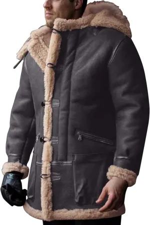 Mens Hooded Winter Sheepskin Jacket Faux Suede Leather Long Trench Coat Outdoor Shearling Leather Sherpa Lined Coat