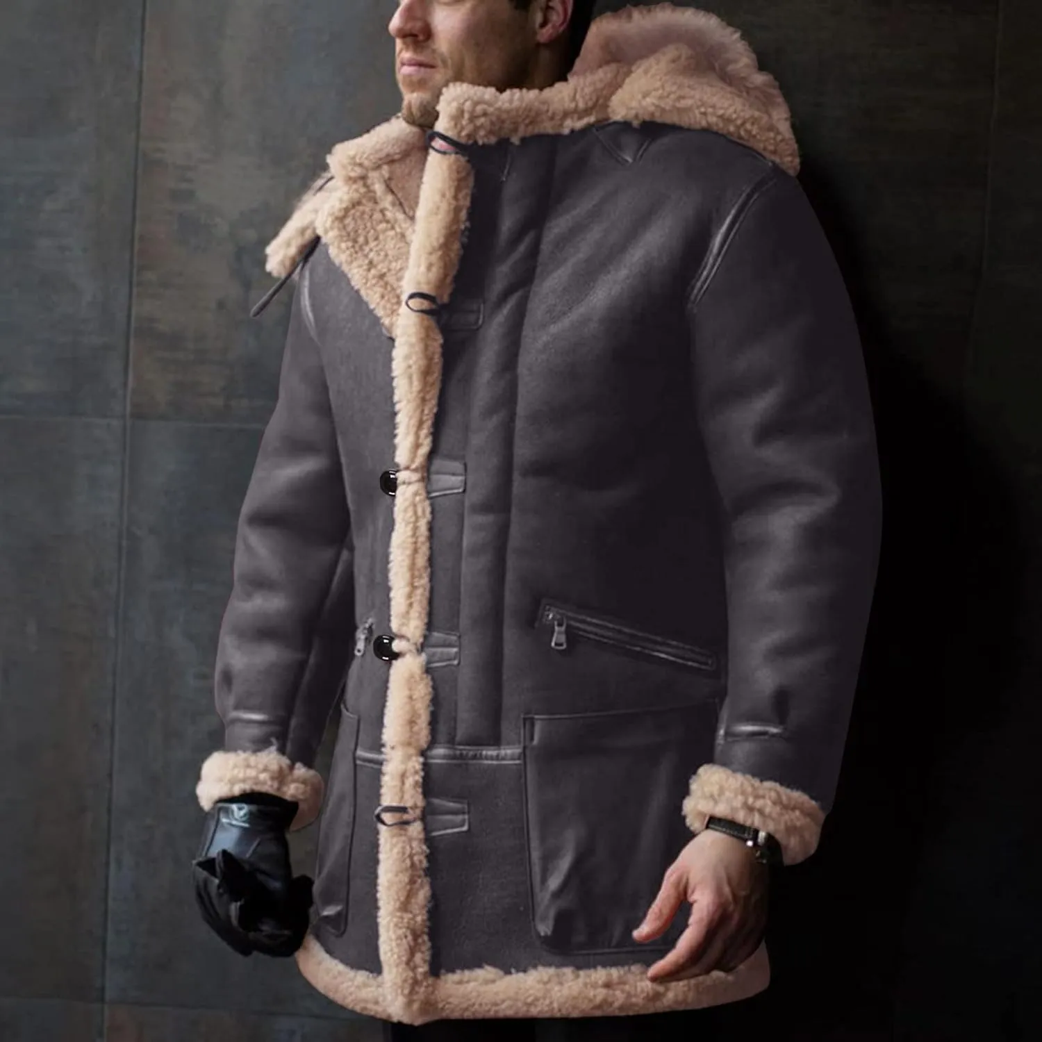 Mens Hooded Winter Sheepskin Jacket Faux Suede Leather Long Trench Coat Outdoor Shearling Leather Sherpa Lined Coat