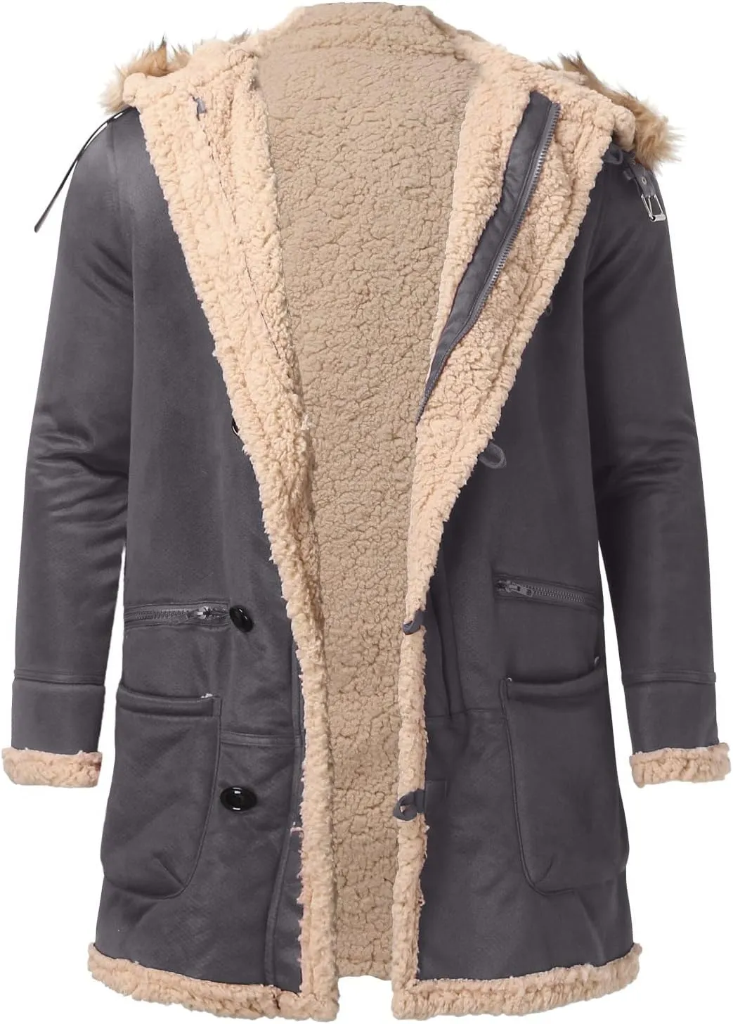 Mens Hooded Winter Sheepskin Jacket Faux Suede Leather Long Trench Coat Outdoor Shearling Leather Sherpa Lined Coat