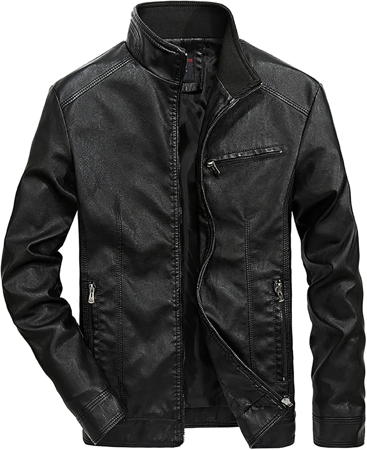 Mens Leather Jacket Slim Fit Motorcycle Biker Jackets Long Sleeve Stand Collar Faux Leather Casual Bomber Coat