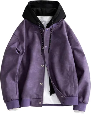 Mens Lightweight PU Leather Hooded Jacket Causal Button Down Biker Jacket Motorcycle Outerwear Coat Fashion Clothes