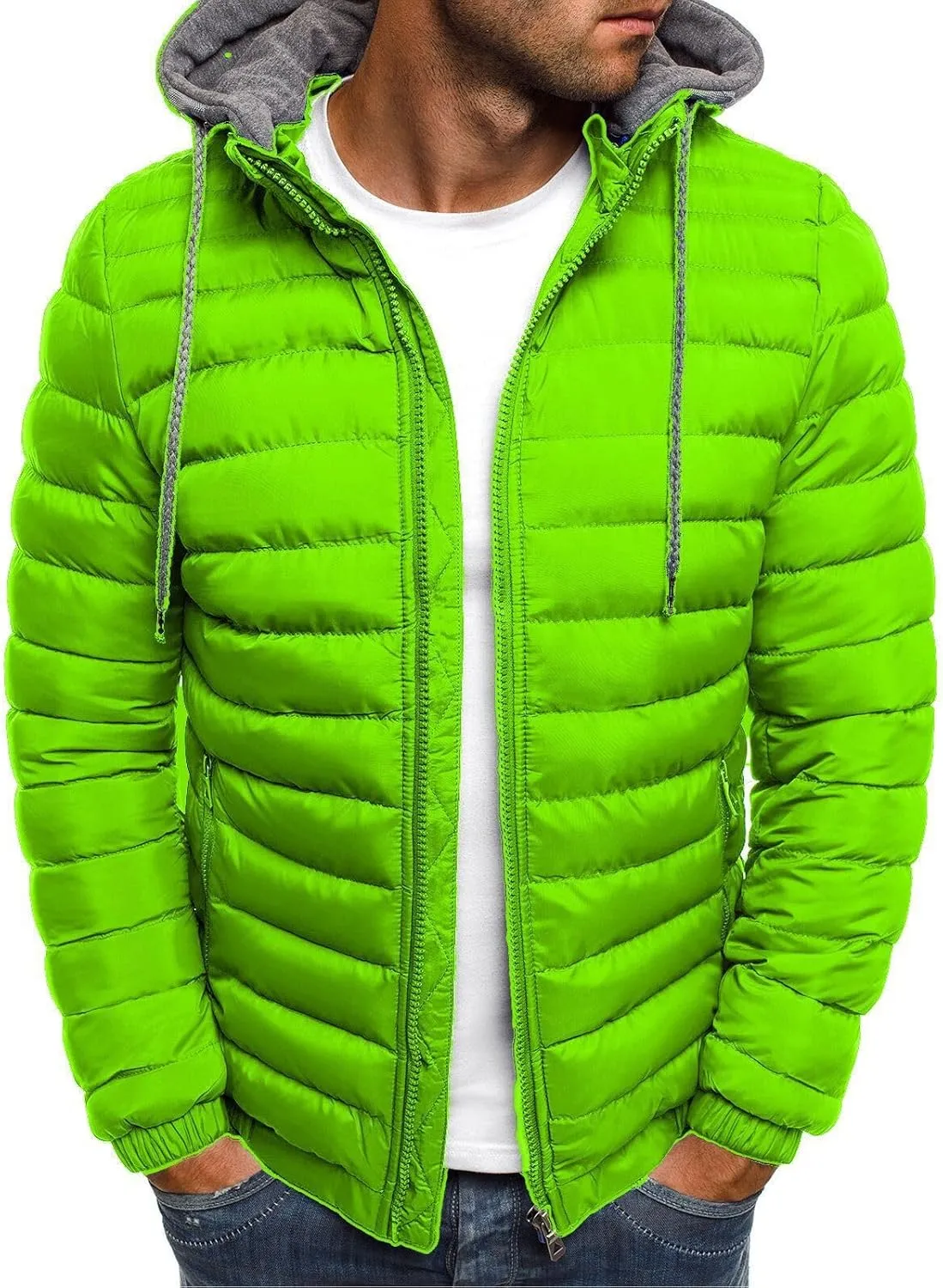 Men's Lightweight Puffer Jacket Hooded Full Zip Water-Resistant Quilted Lined Winter Coats for Outdoor Hiking Camping