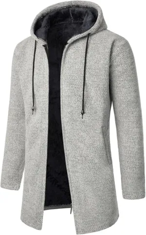 Men's Long Cardigan Hoodies Full-Zip Fleece Lined Sweaters Knit Regular Fit Casual Sweater Hooded Coat with Pocket