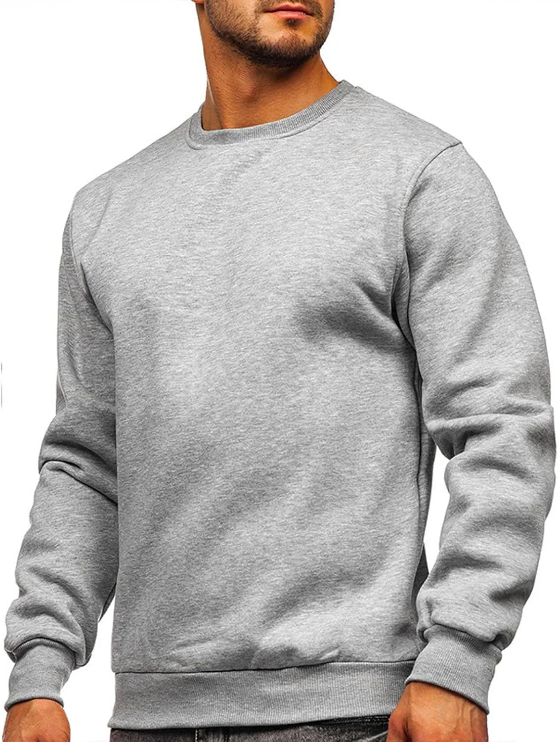 Mens Long Sleeve Round Neck Tops Solid Sweatshirts Pullover Sweatshirt Fall Winter Warm Fleece Sweatshirt Tops