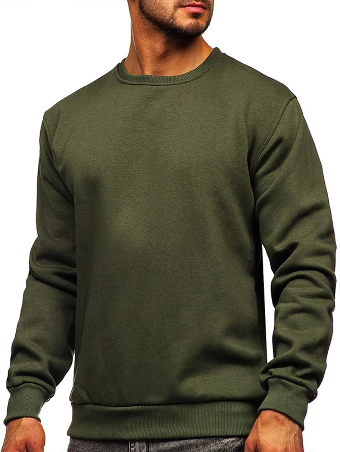 Mens Long Sleeve Round Neck Tops Solid Sweatshirts Pullover Sweatshirt Fall Winter Warm Fleece Sweatshirt Tops