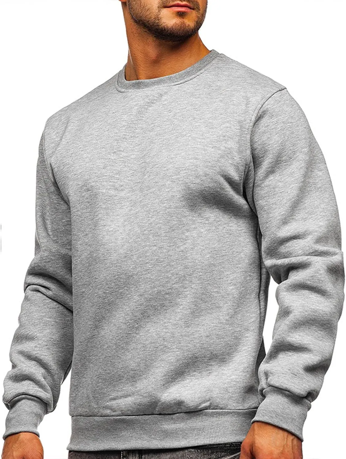 Mens Long Sleeve Round Neck Tops Solid Sweatshirts Pullover Sweatshirt Fall Winter Warm Fleece Sweatshirt Tops