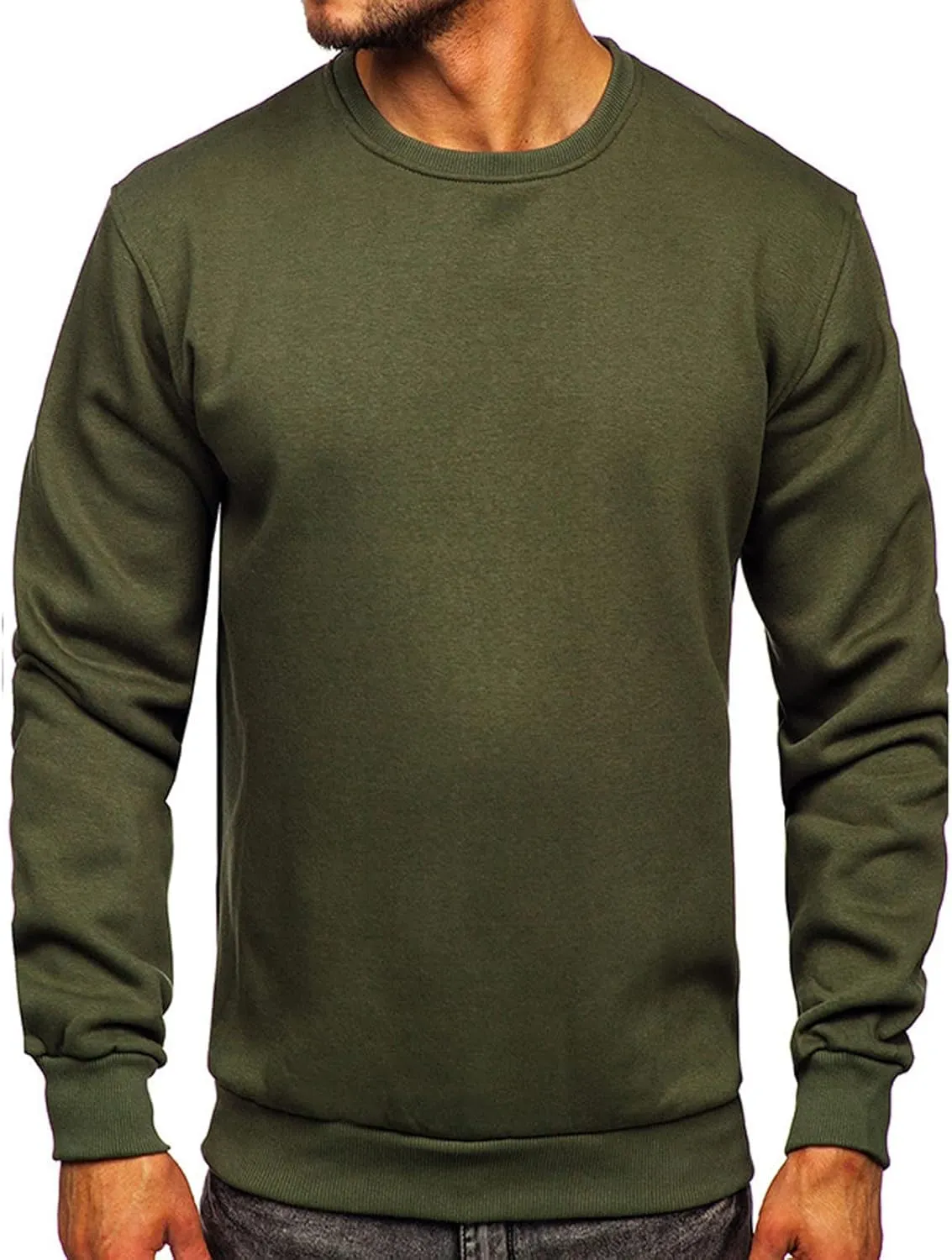 Mens Long Sleeve Round Neck Tops Solid Sweatshirts Pullover Sweatshirt Fall Winter Warm Fleece Sweatshirt Tops