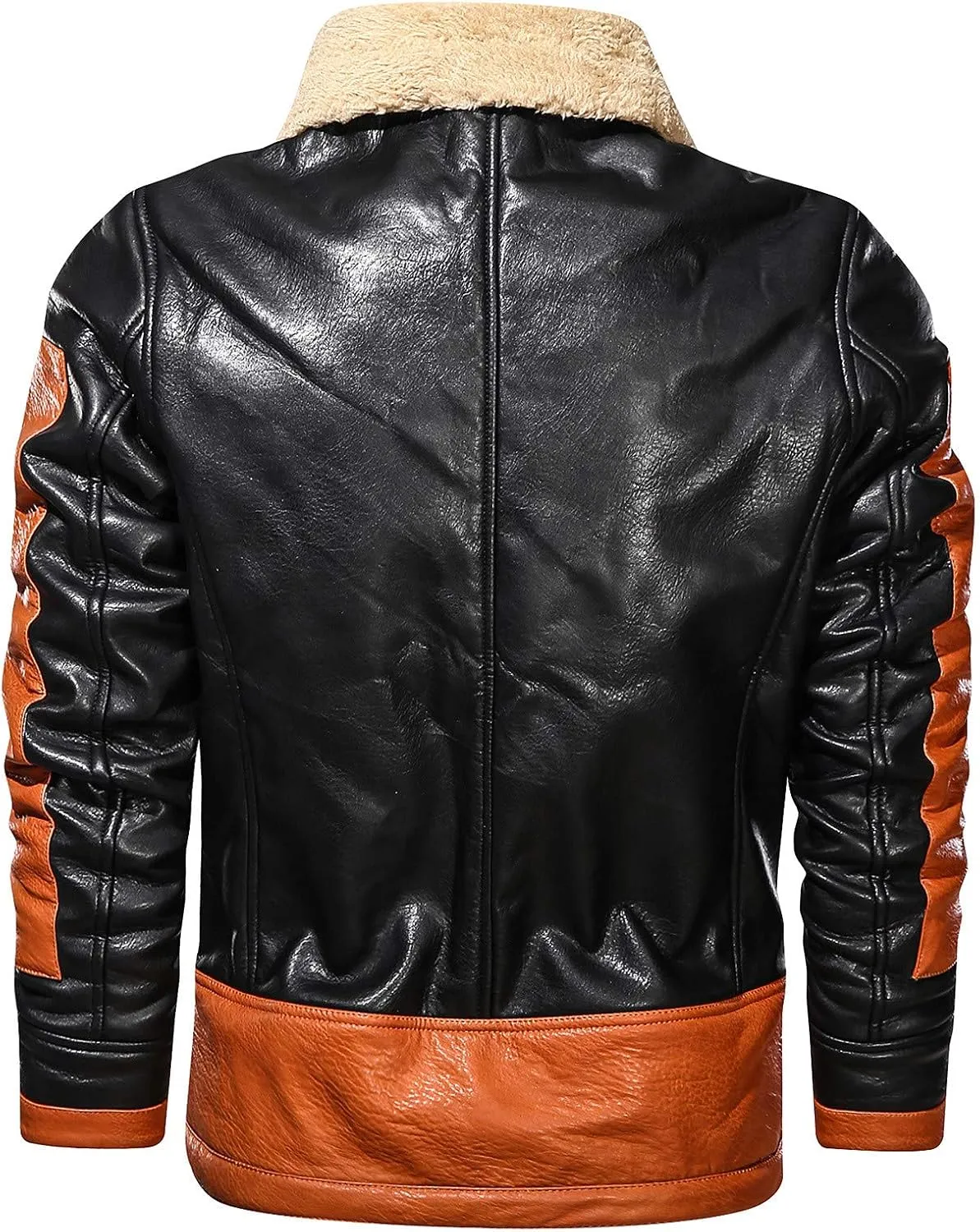 Men's Motorcycle Jacket Lapel Faux Leather Jacket Trendy Color Block Fleece Lined Racer Motorcycle Biker Jacket