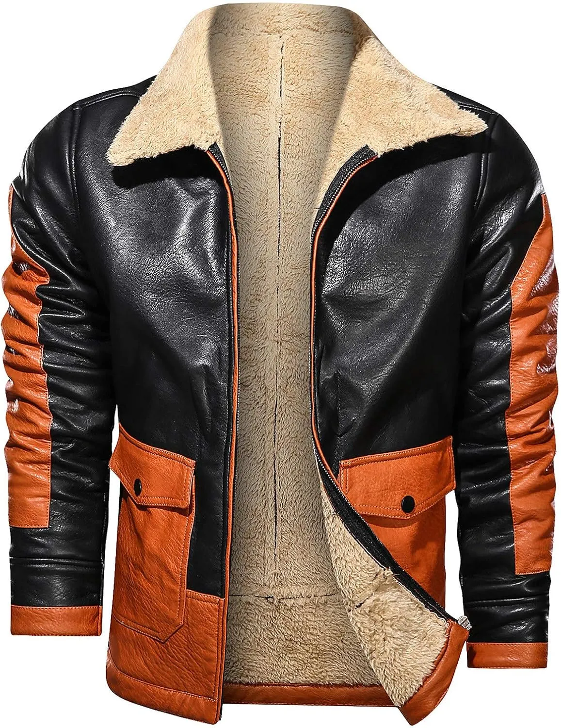Men's Motorcycle Jacket Lapel Faux Leather Jacket Trendy Color Block Fleece Lined Racer Motorcycle Biker Jacket