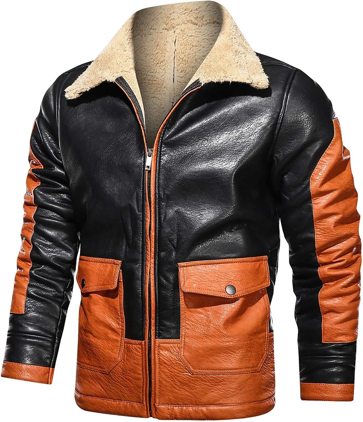 Men's Motorcycle Jacket Lapel Faux Leather Jacket Trendy Color Block Fleece Lined Racer Motorcycle Biker Jacket