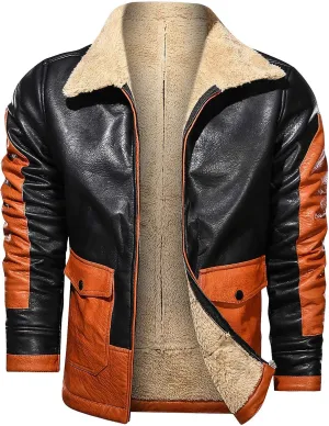 Men's Motorcycle Jacket Lapel Faux Leather Jacket Trendy Color Block Fleece Lined Racer Motorcycle Biker Jacket